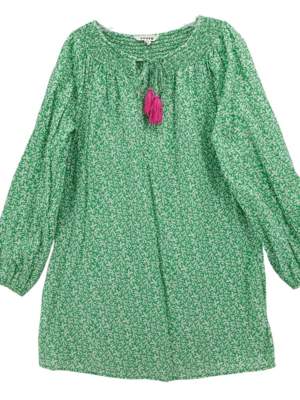 BODEN Smocked Neck Beach Kaftan Green Patterned Pink Tassels Cover Up Size US 6R